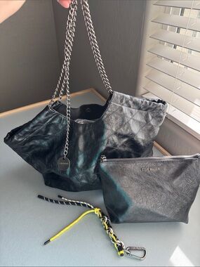 Steve Madden Black Leather Tote Shoulder Bag with Chain Strap and Pouch